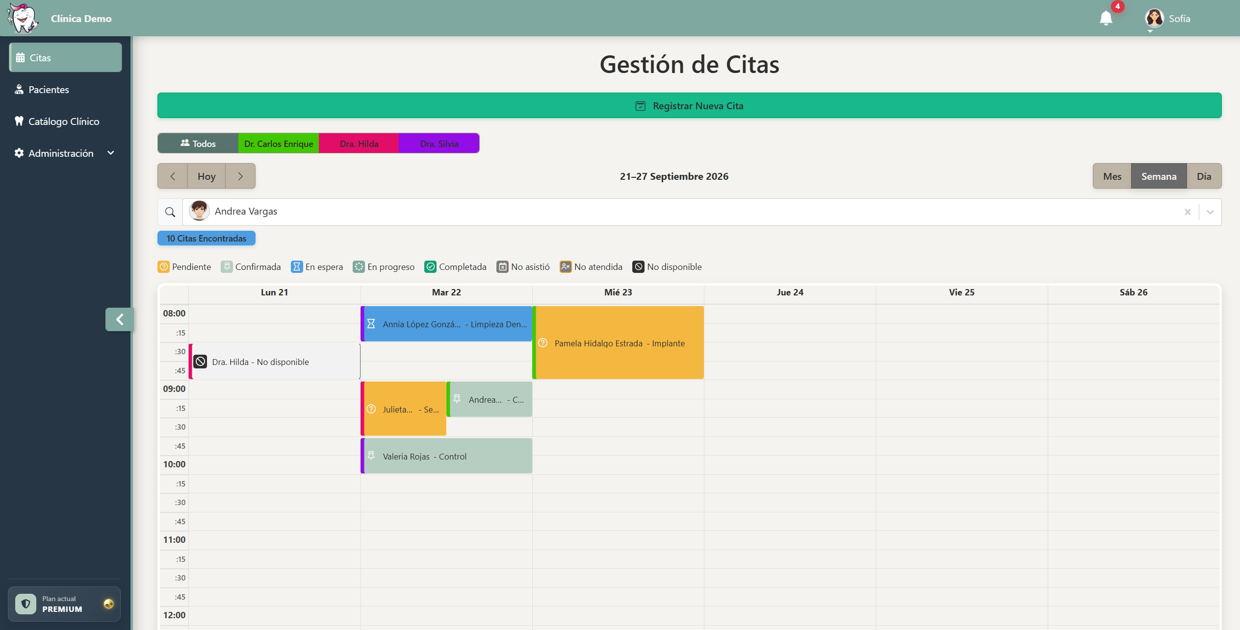 Vista semanal de la agenda con el filtro Todos activo y citas en distintos estados